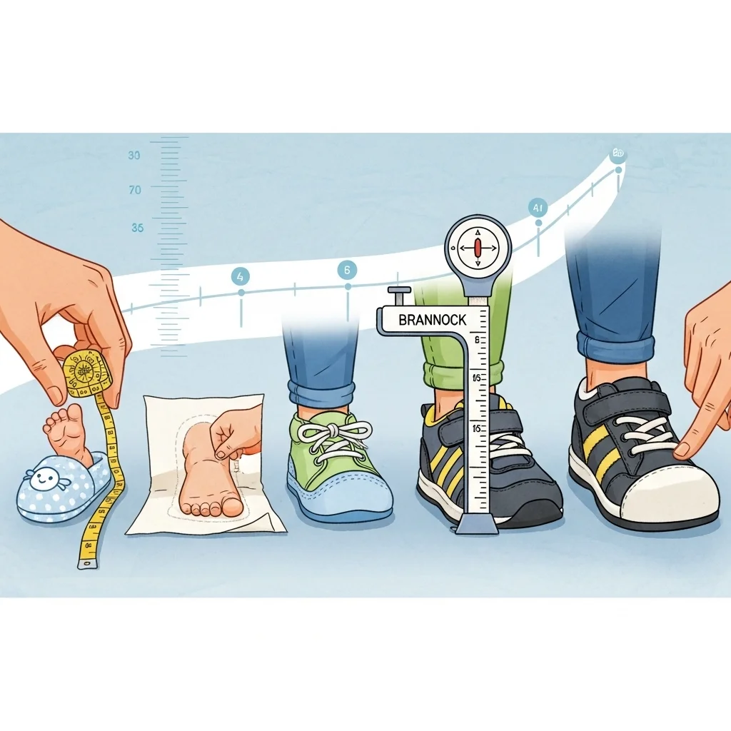 Ilustracja przedstawia mierzenie stóp dziecka w różnych etapach rozwoju: od niemowlęctwa do wieku przedszkolnego, z użyciem różnych metod pomiaru.