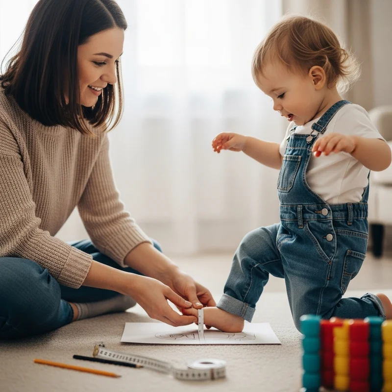 Kobieta mierzy stopę dziecka, trzymając miarkę. Obok leży kartka z obrysami stóp.
