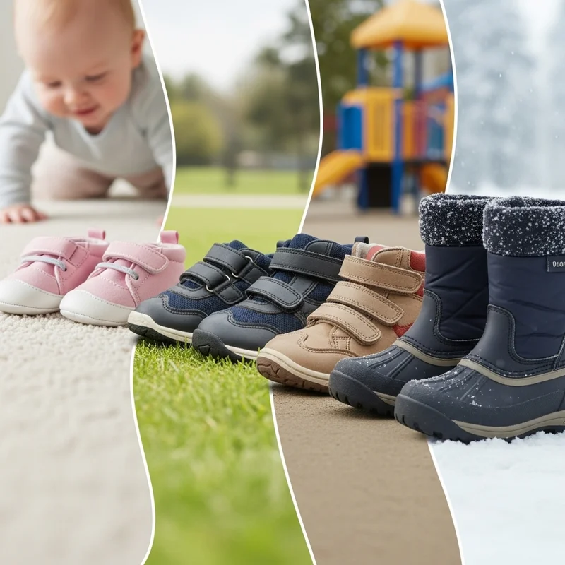 Zdjęcie przedstawia zestaw obuwia dla dzieci na różne pory roku i etapy rozwoju, od niemowlęcych butów po zimowe śniegowce.
