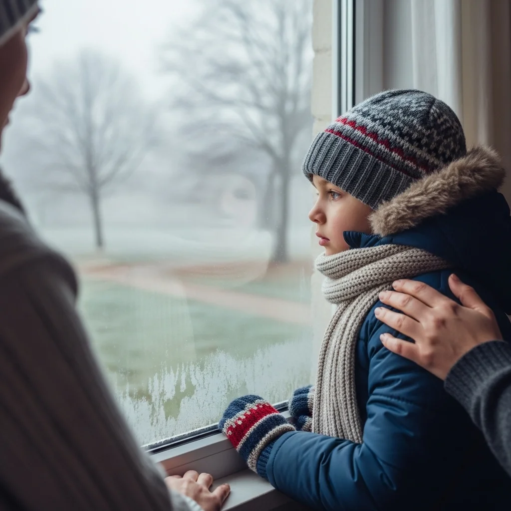 Dziecko w zimowej kurtce i czapce patrzy przez okno na zamglone drzewa. Obok niego dłoń osoby dorosłej.