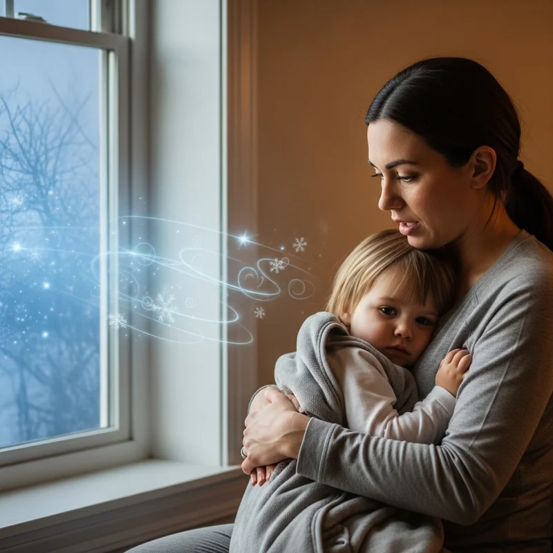 Kobieta trzyma dziecko blisko siebie przy oknie. Za oknem widoczny jest zimowy krajobraz i śnieg.