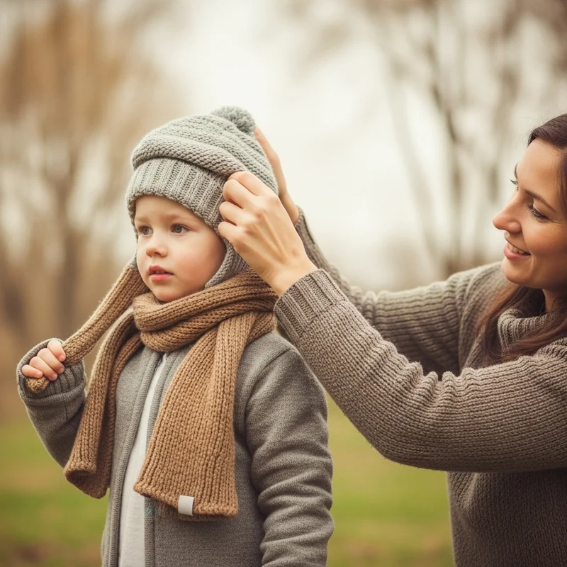 Mama ubiera dziecku czapkę i szalik. Chłopiec ma na twarzy skupiony wyraz, a kobieta uśmiecha się, pomagając mu się ubrać.