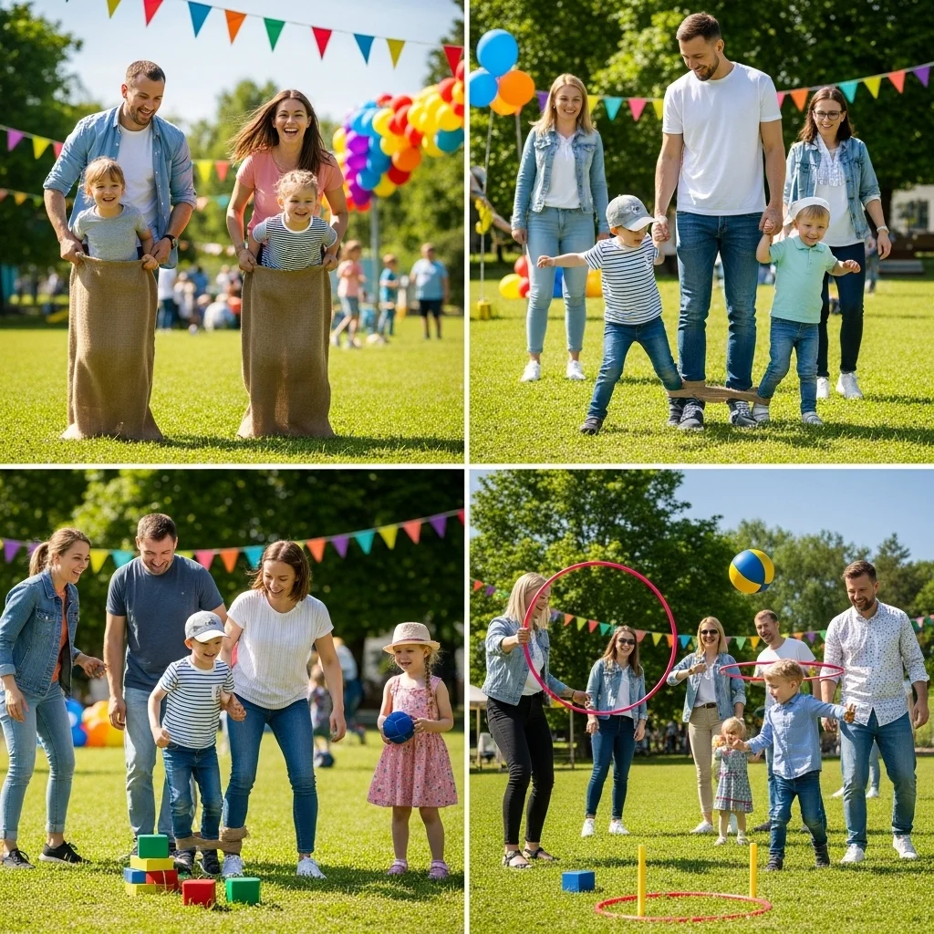 Rodziny biorą udział w zawodach sportowych na trawie. Dzieci i rodzice bawią się w konkurencjach: skoki w workach, biegi z deską, rzuty do celu.