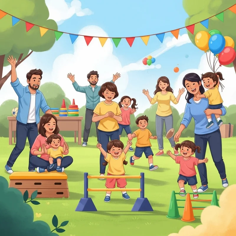 Radosna scena rodzinnych zawodów sportowych na świeżym powietrzu. Dzieci i rodzice uczestniczą w zabawach i kibicują.