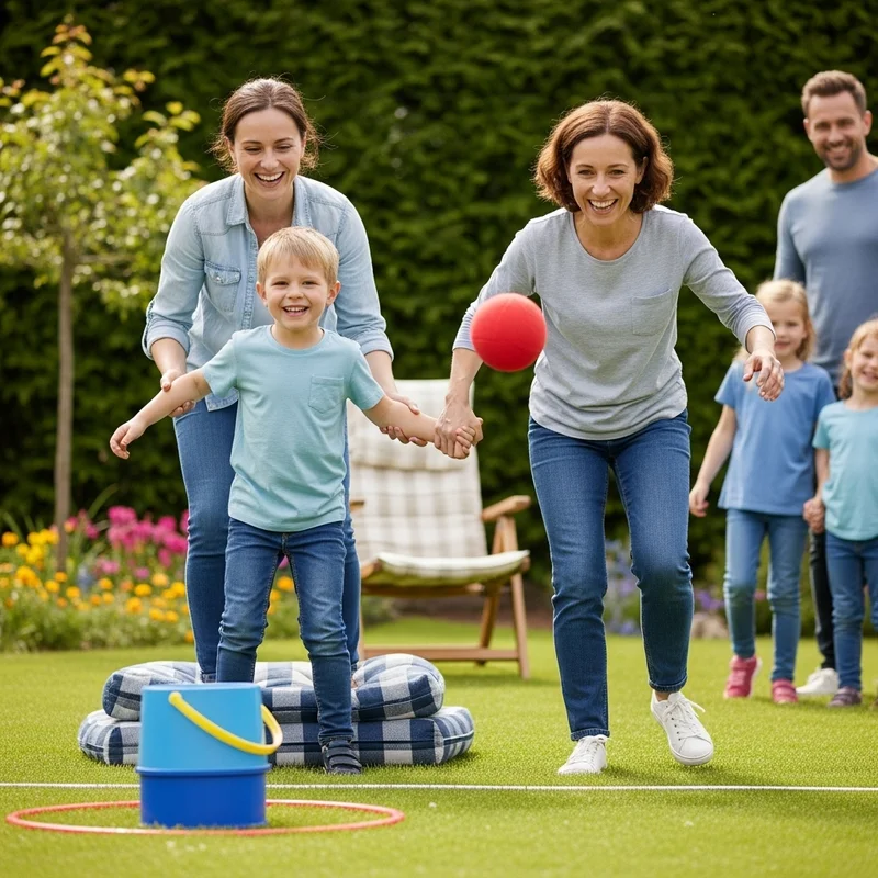 Rodzina bawi się w ogrodzie, grając w piłkę i trzymając się za ręce, uśmiechnięta i zaangażowana w zabawę.