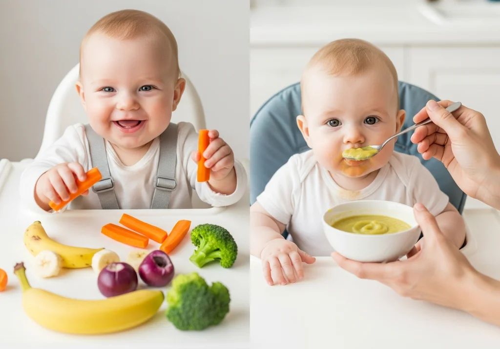 Dziecko w krzesełku do karmienia z marchewką i jedzące puree z marchewki.