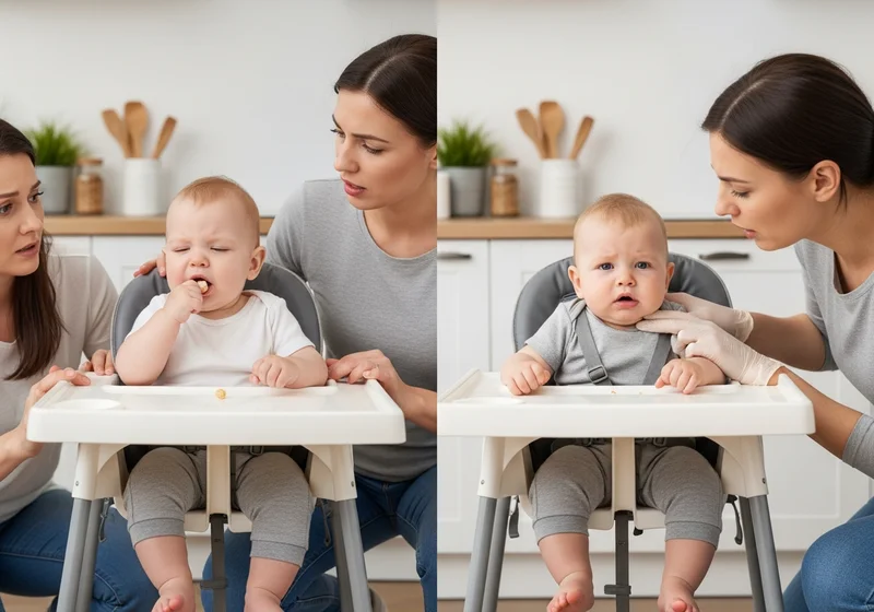 Dwie kobiety patrzą zaniepokojone na niemowlę jedzące coś z krzesełka.