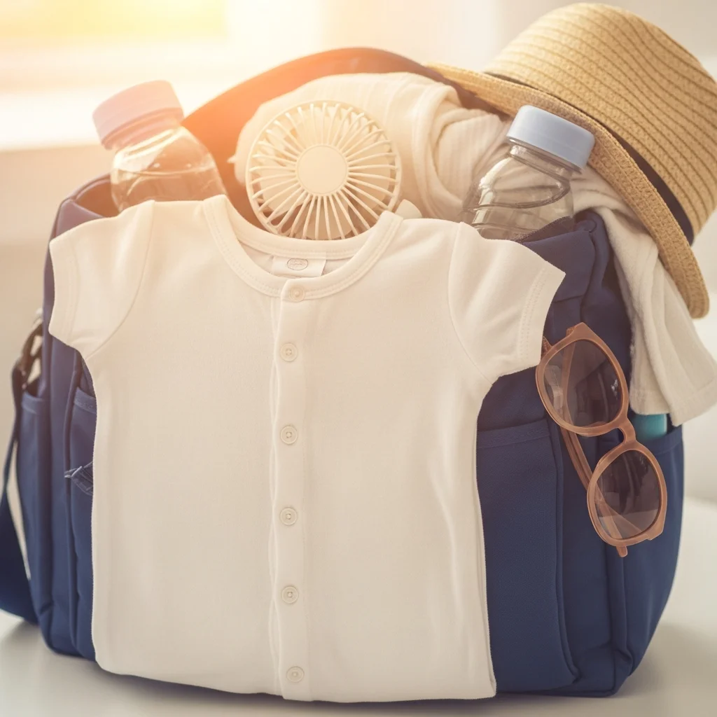 Niebieska torba szpitalna, w której znajdują się ubranka dla dziecka, butelki z wodą, kapelusz i mały wiatrak.