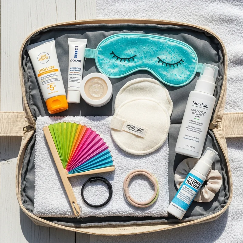 Zawartość letniej kosmetyczki: krem z filtrem, woda termalna, maseczka do oczu, waciki, opaska do włosów, wentylator.