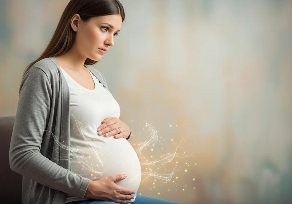 Ciężarna kobieta trzymająca się za brzuch, przeżywa niepewność.