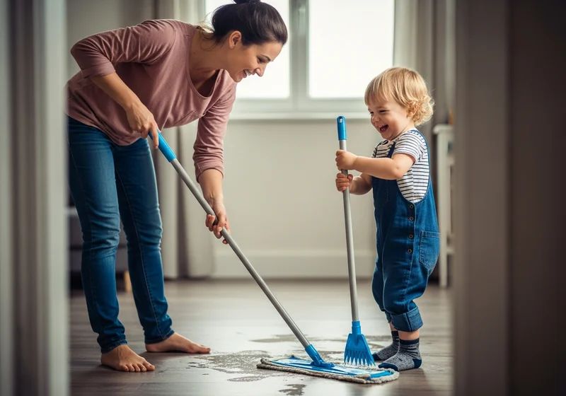 Mama i dziecko sprzątają podłogę mopami, oboje się śmieją.