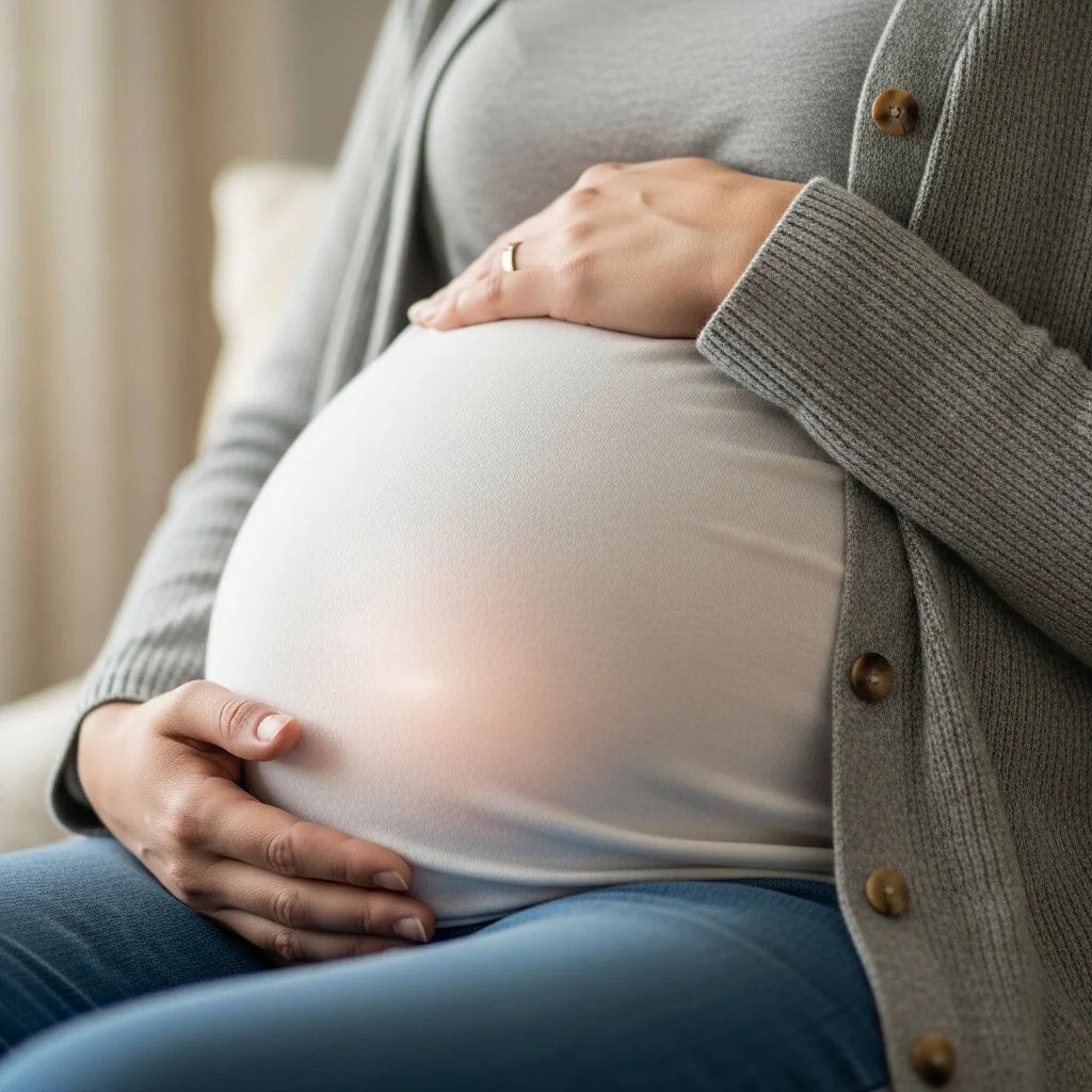 Kobieta w ciąży trzymająca ręce na brzuchu, podkreślając kształt ciążowego brzucha.