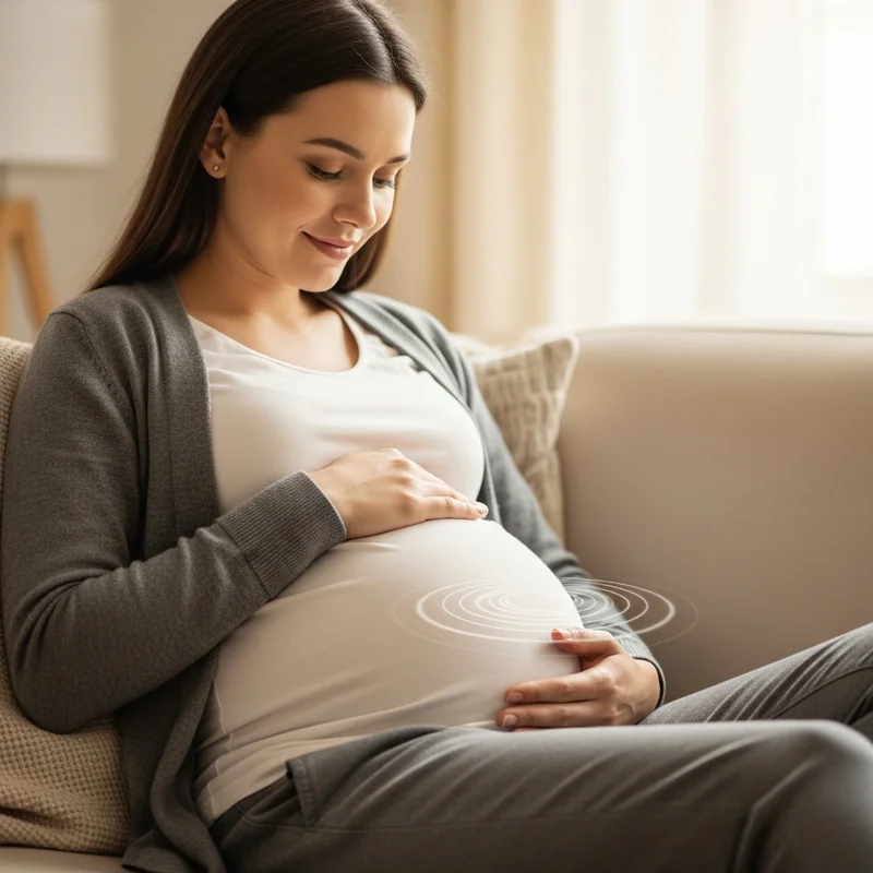 Kobieta w ciąży trzyma ręce na brzuchu, uśmiechnięta. Na brzuchu widoczne wizualne efekty ruchów dziecka.