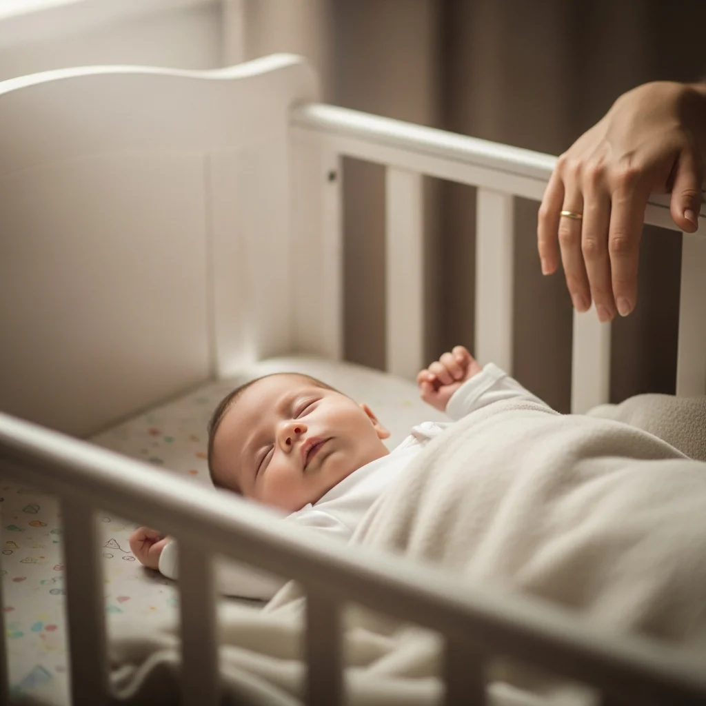 Śpiący w łóżeczku niemowlę, nad którym czuwa dłoń. Białe meble, jasna pościel, spokojna atmosfera.