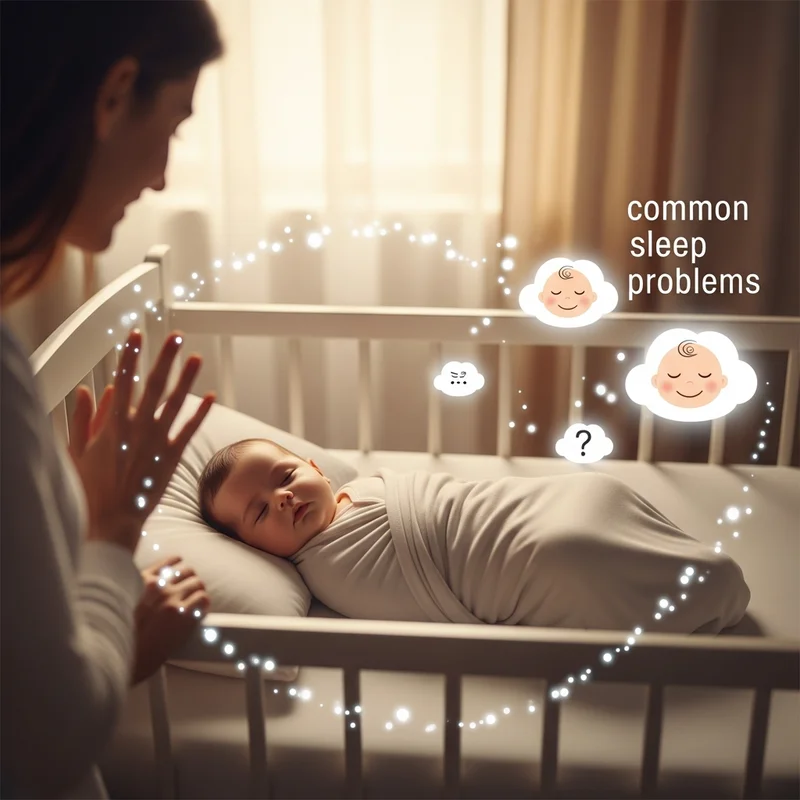 Matka patrzy na śpiące dziecko w łóżeczku, nad nim grafika 