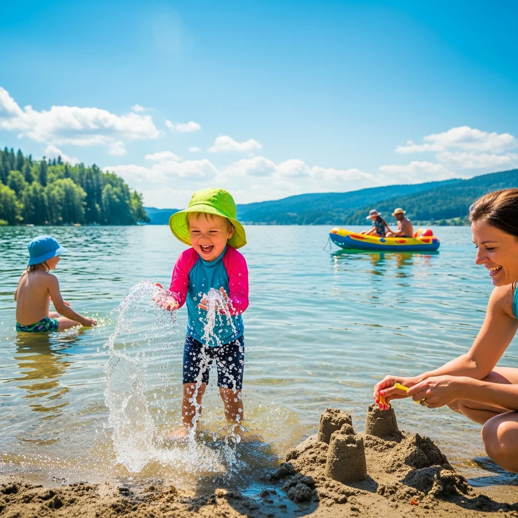Dziecko bawi się w wodzie, ciesząc się wakacjami nad jeziorem. Kobieta buduje zamki z piasku.