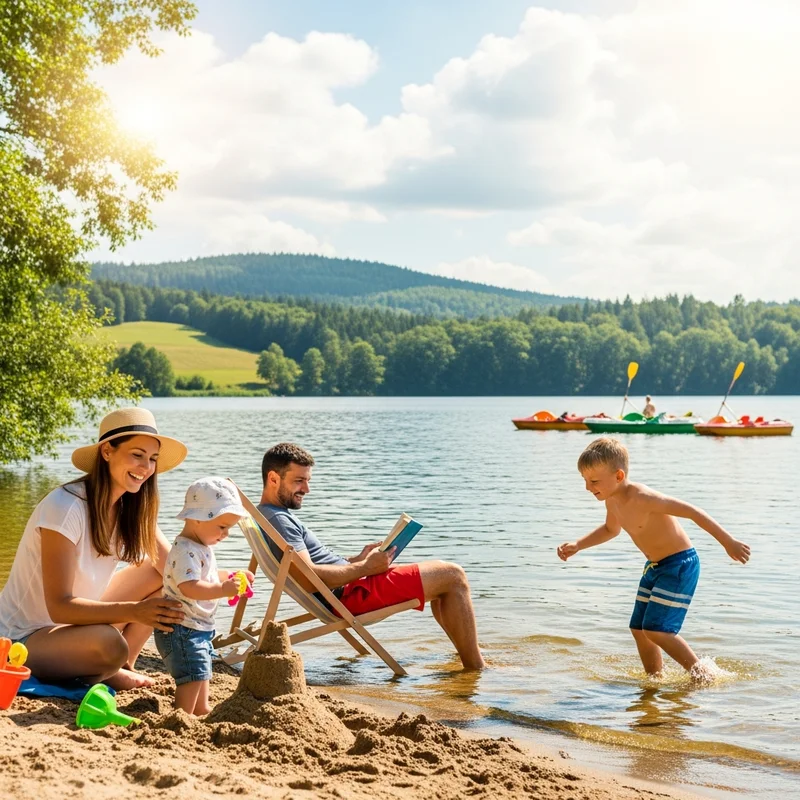 Rodzina spędza czas nad jeziorem. Chłopiec bawi się w wodzie, ojciec czyta, a matka z młodszym dzieckiem budują zamek z piasku.