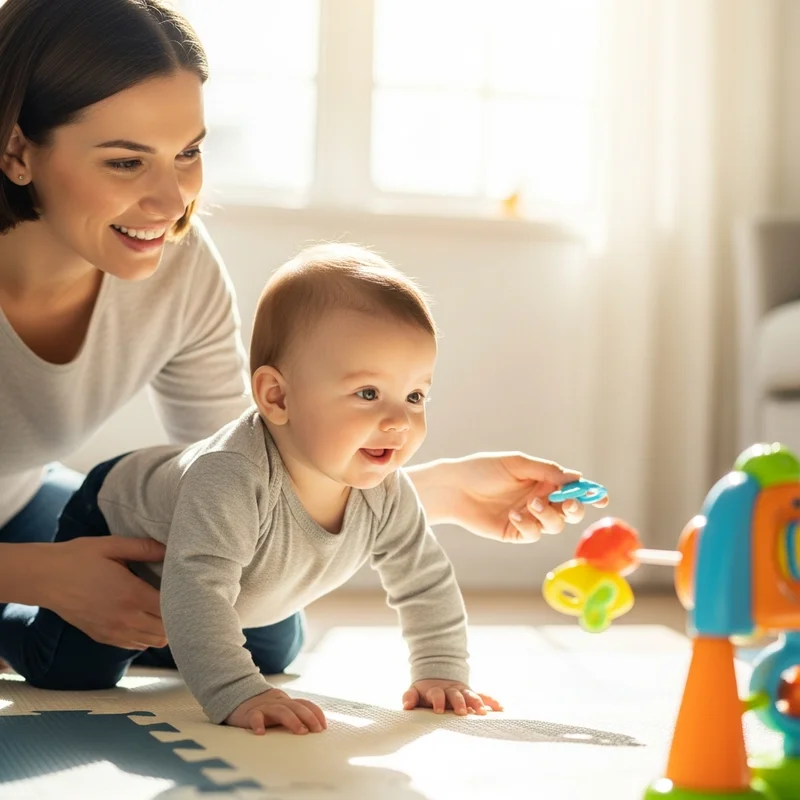 Uśmiechnięta matka wspiera niemowlę w raczkowaniu, zachęcając zabawką do ruchu na podłodze.