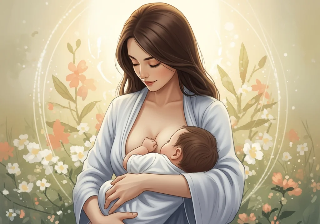 Matka karmi piersią dziecko na tle kwitnącego ogrodu.