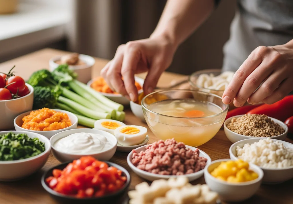 Składniki do posiłków dla dzieci: warzywa, nabiał, jajka, mięso, kasze, rosół.