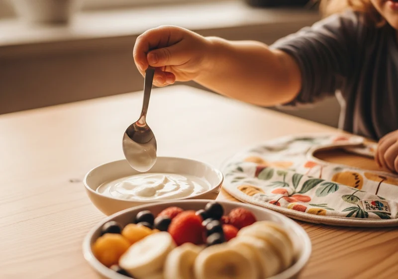 Dłoń dziecka nabiera łyżką jogurt naturalny z miseczki.
