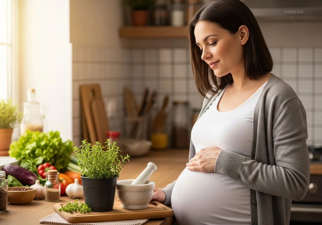 Ciężarna kobieta w kuchni z ziołami i warzywami.