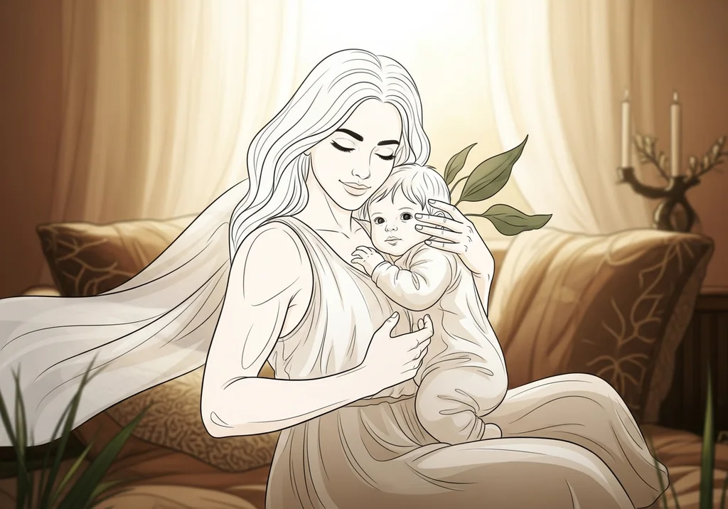 Ilustracja mamy tulącej dziecko, symbolizująca siłę i delikatność macierzyństwa.