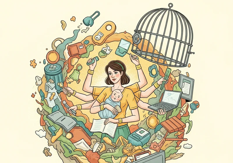 Ilustracja matki z wieloma ramionami trzymającej dziecko, otoczonej przedmiotami symbolizującymi obowiązki.