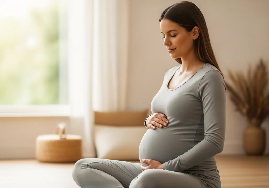 Ciężarna kobieta siedzi po turecku i medytuje, trzymając się za brzuch.