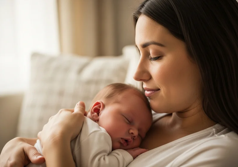 Matka trzyma śpiącego noworodka na rękach, oboje wyglądają na zrelaksowanych.