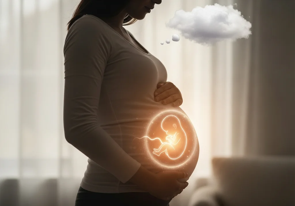 Ciężarna kobieta trzymająca brzuch, z widocznym płodem i chmurką myśli.
