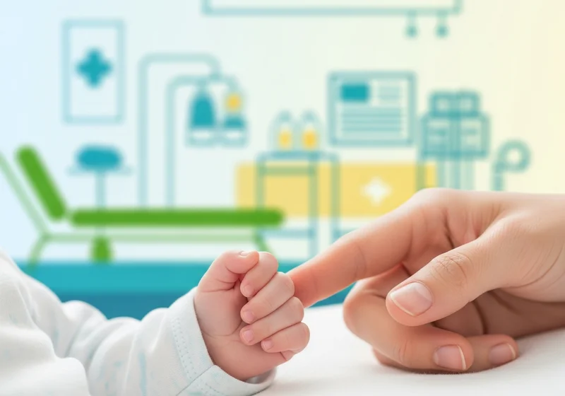 Dłoń matki trzyma paluszek noworodka na tle gabinetu lekarskiego.