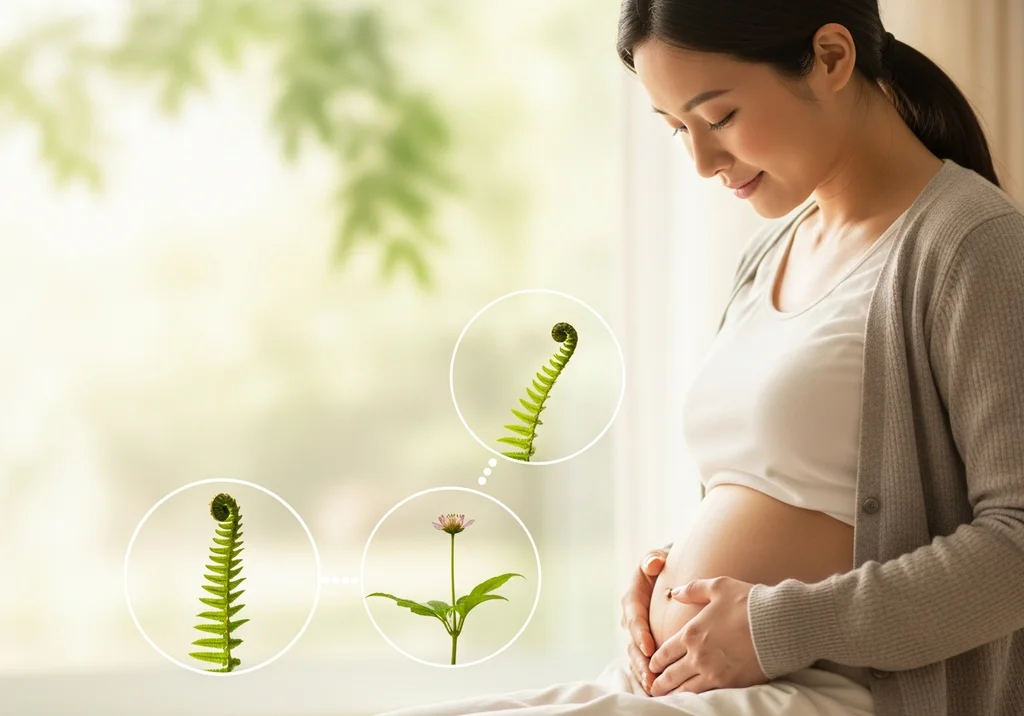 Ciężarna kobieta patrząca na rozwijające się pąki, symbolizujące wczesne objawy ciąży.