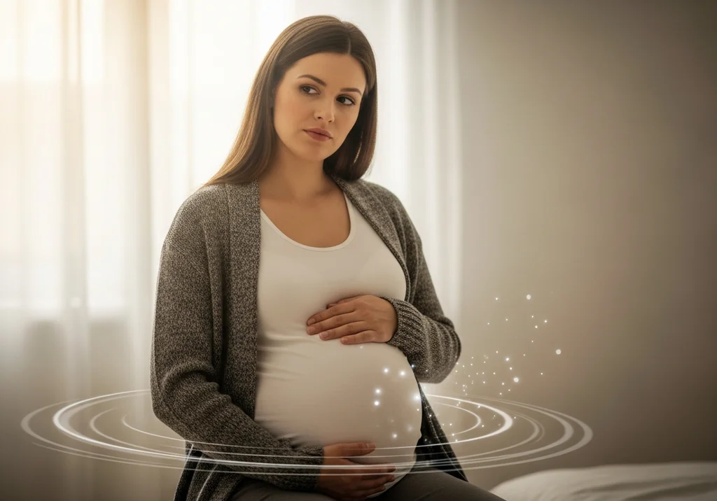 Ciężarna kobieta z dłońmi na brzuchu, otoczona delikatnymi, eterycznymi kręgami i iskierkami.