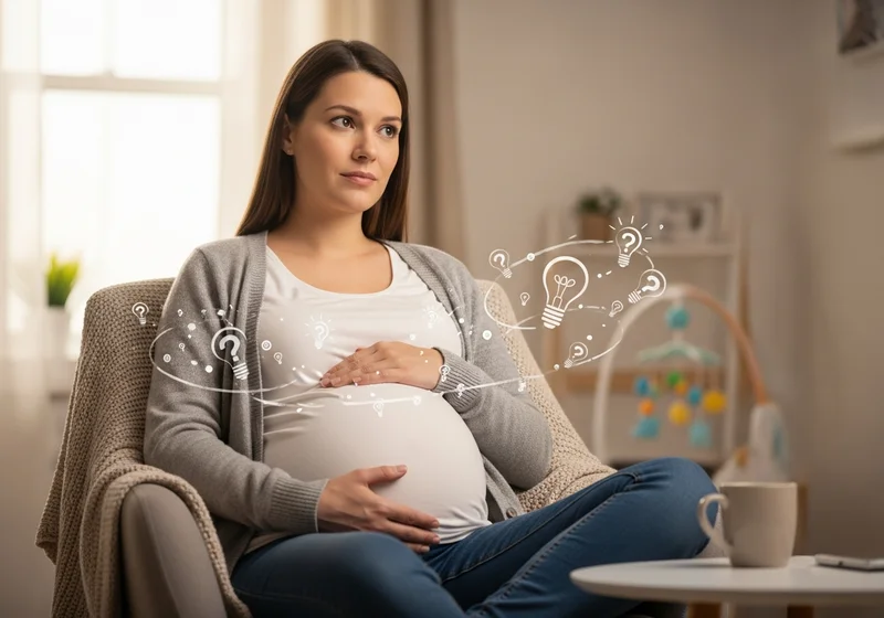 Ciężarna kobieta siedzi w fotelu, z dłońmi na brzuchu, otoczona ikonami żarówek i znaków zapytania.