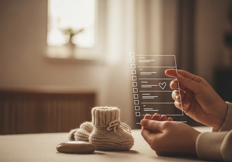 Dłoń dotyka wirtualnej listy z ikoną serca, obok leżą dziecięce buciki.