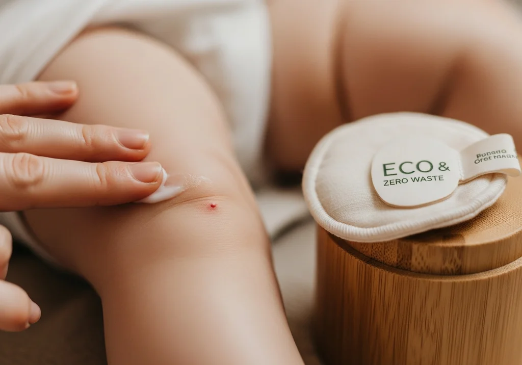 Dłoń smaruje kremem kolanko niemowlaka z czerwoną kropką. Obok leży ekologiczny wacik.