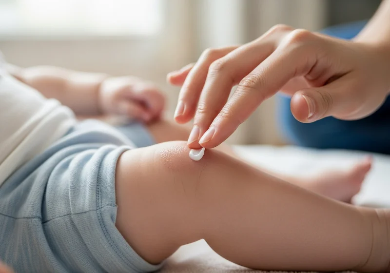 Dłoń mamy nakłada balsam na kolano niemowlaka z suchą skórą.