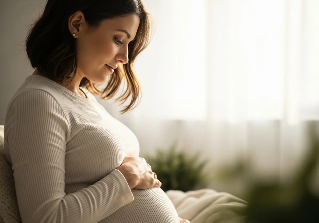 Kobieta w białej bluzce obejmuje dłońmi ciążowy brzuch.