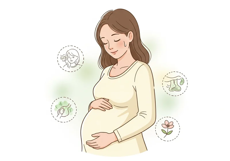 Ciężarna kobieta otoczona ikonami symbolizującymi objawy ciąży, jak zawroty głowy i nudności, oraz kwiat.