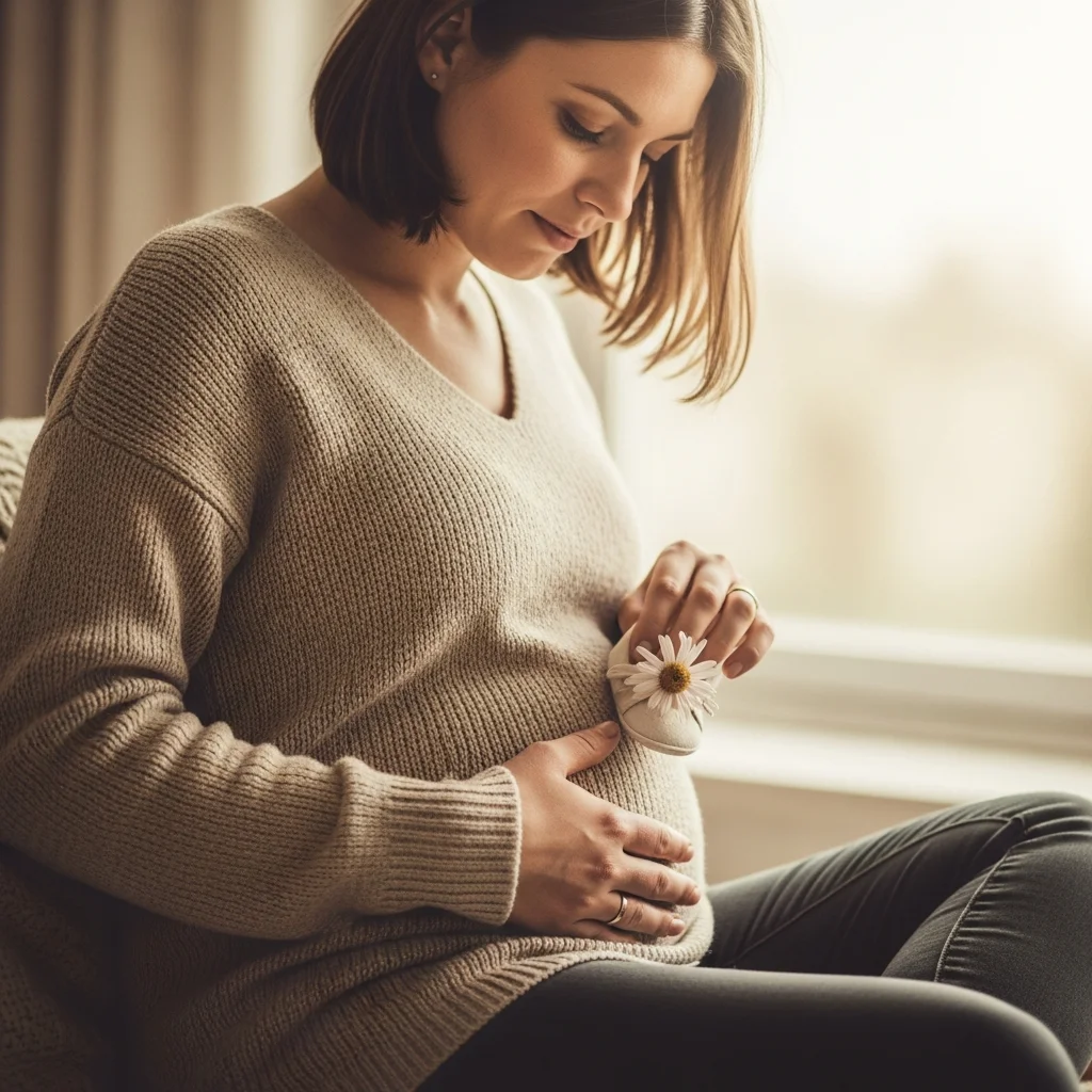 Kobieta w ciąży trzyma w dłoni mały bucik z kwiatkiem, opierając rękę na brzuchu.