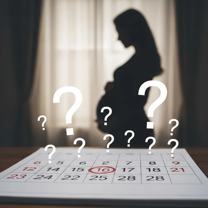 Sylwetka kobiety w ciąży, kalendarz z zaznaczoną datą i znaki zapytania sugerujące niepewność.