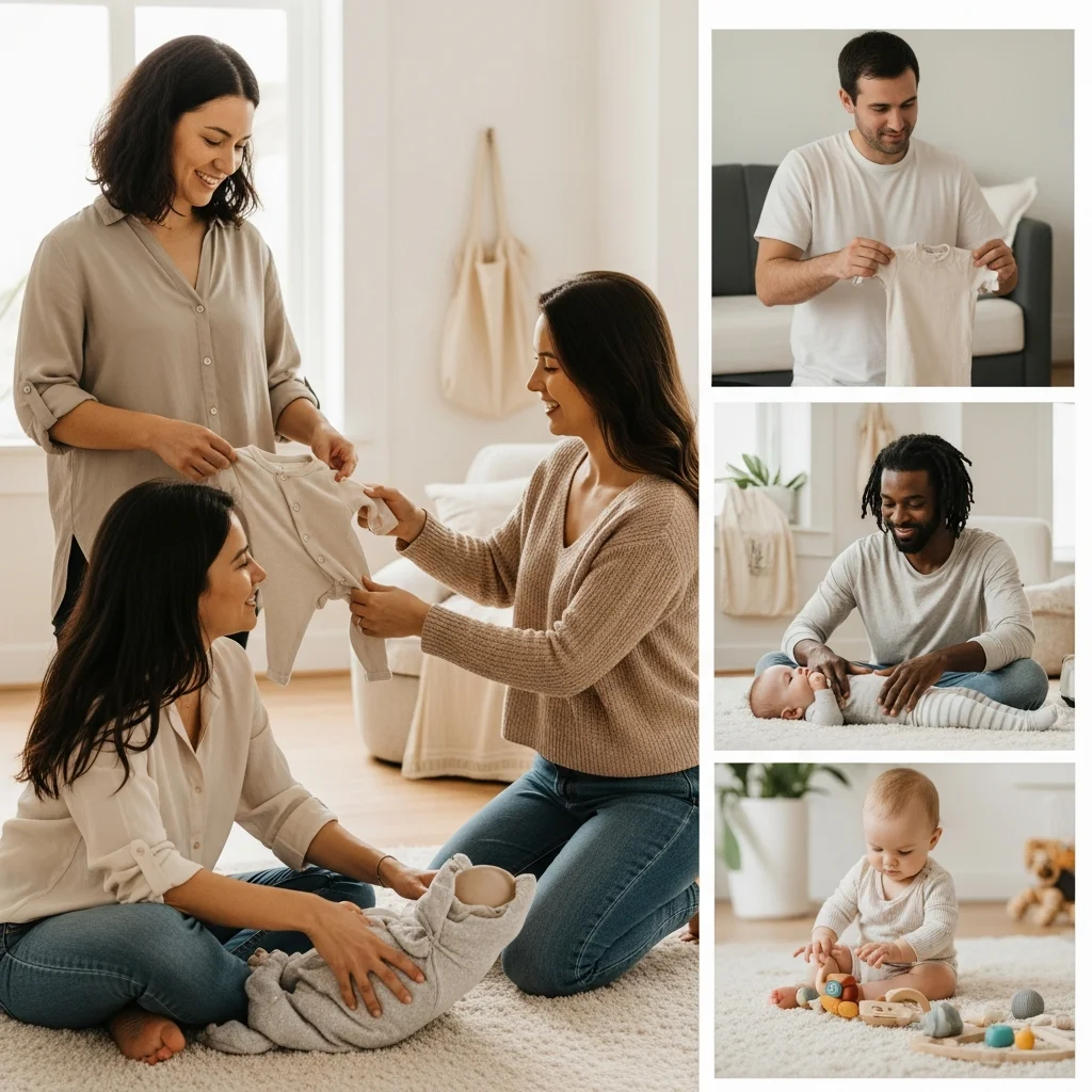 Rodzice i bliscy bawią się z niemowlętami. Dzielą się ubrankami, przewijają dziecko i spędzają z nim czas.