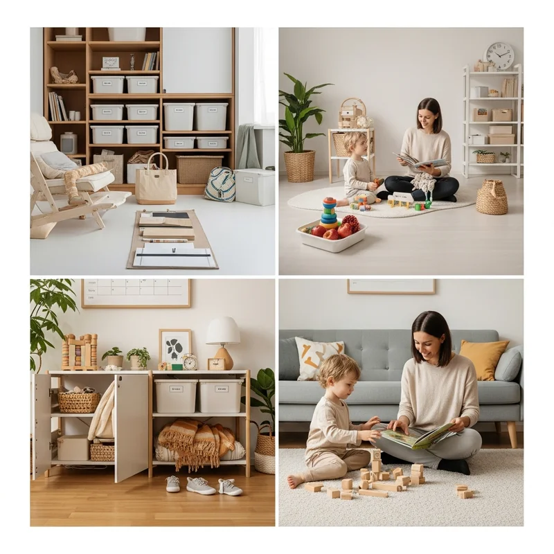 Cztery ujęcia wnętrz z motywem rodzicielstwa. Widać uporządkowane przestrzenie, zabawki, półki i wspólnie spędzany czas.