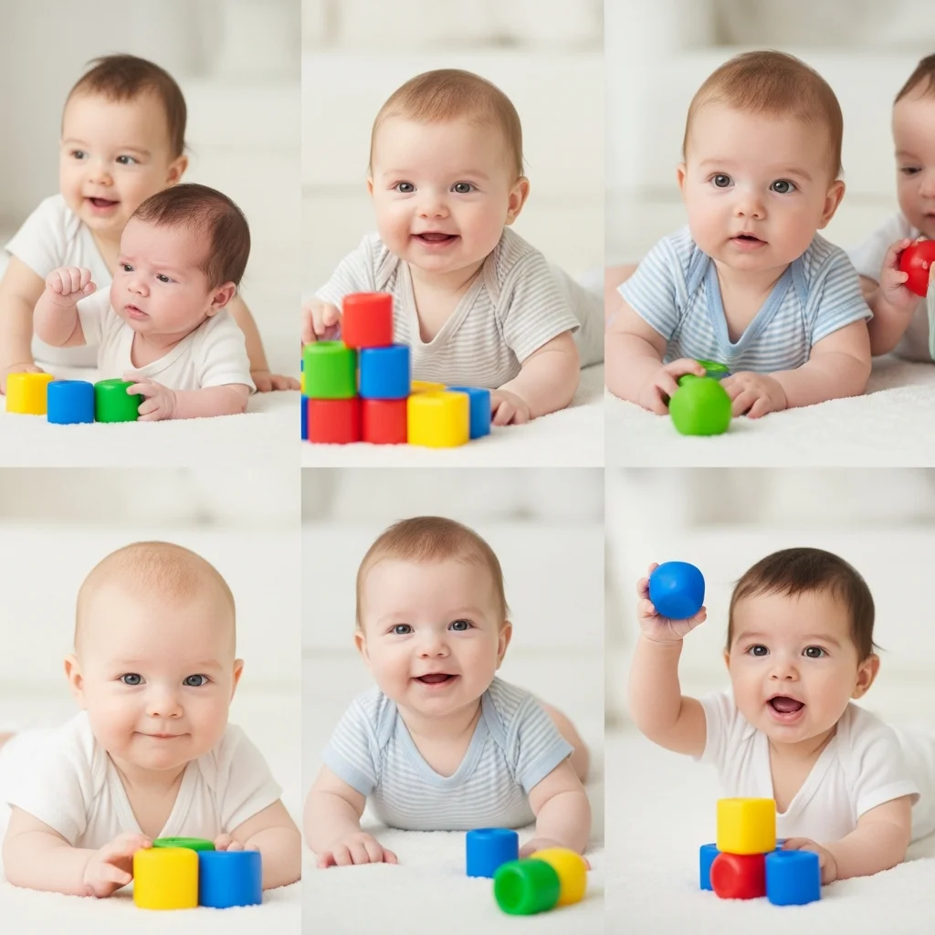Sześć uroczych niemowląt bawi się kolorowymi klockami, wyrażając radość i ciekawość.