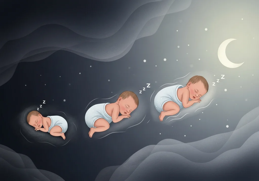 Ilustracja niemowląt śpiących w kolejnych etapach rozwoju w nocy, pod księżycem.