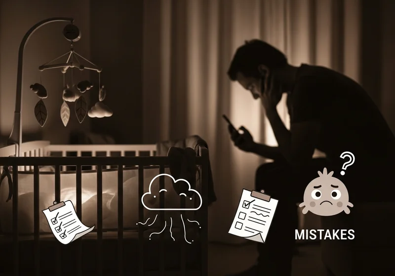 Ojciec siedzi przy łóżeczku dziecka, patrząc na telefon. Obok tekst: 