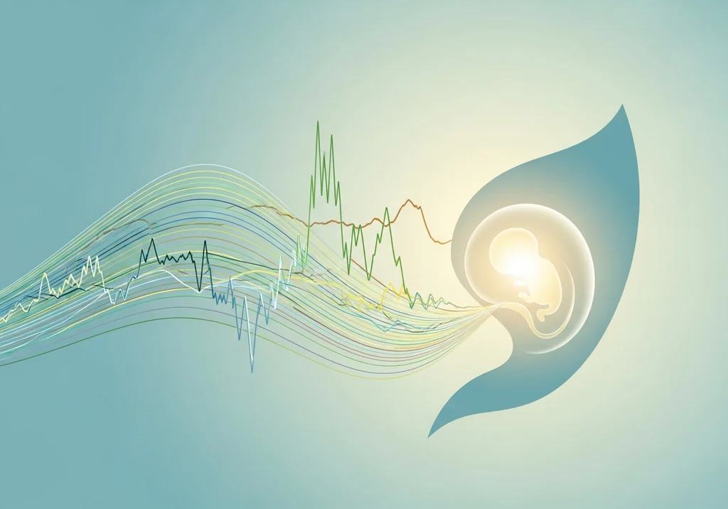 Schematyczne przedstawienie płodu w otoczce fal, z wykresem poziomu hCG.
