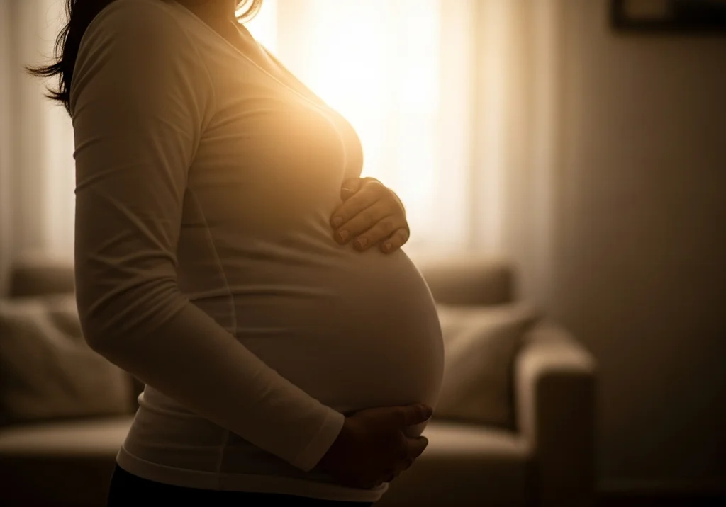 Ciężarna kobieta trzymająca się za brzuch na tle okna