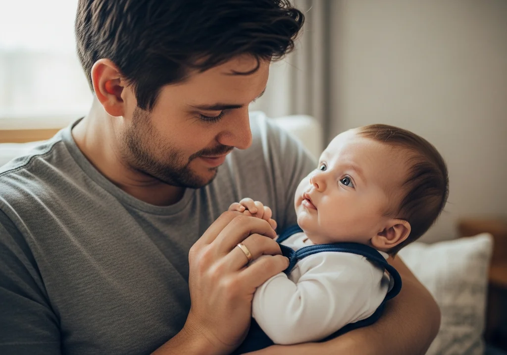 Ojciec trzyma na rękach niemowlę, patrząc mu czule w oczy.